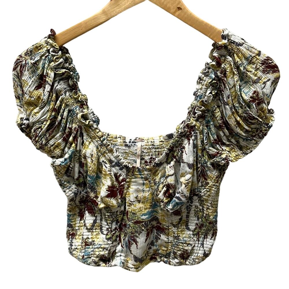 Free People Ruffle Smocked Puffy Sleeve Crop Top Size S